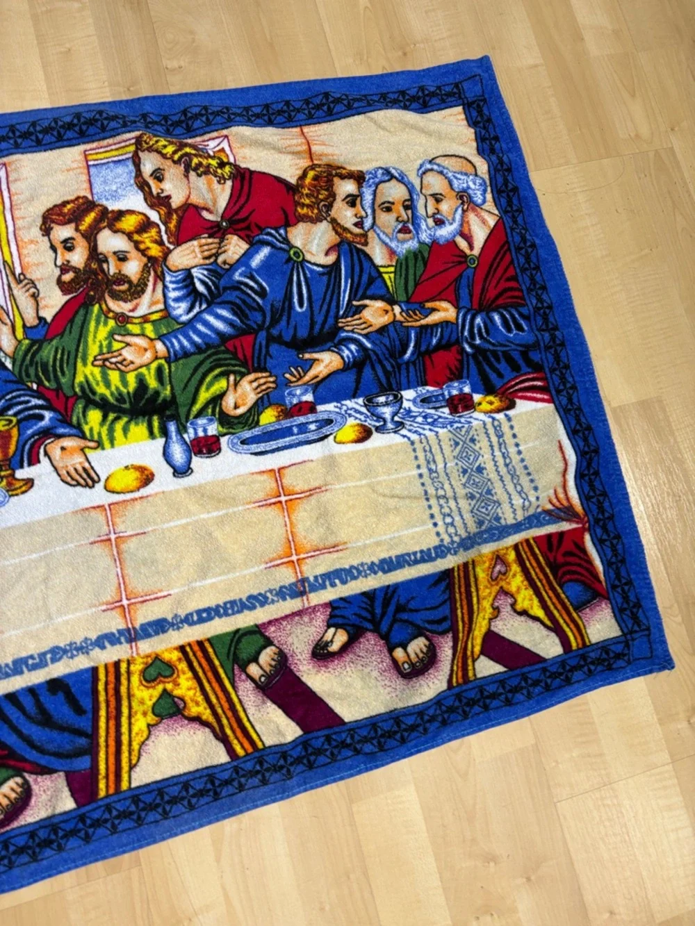 Religious Themed Blue and Multicolor Beach Towel